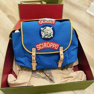 Authentic Gucci Canvas Childrens Sciroppo Patch Backpack Blue NIB